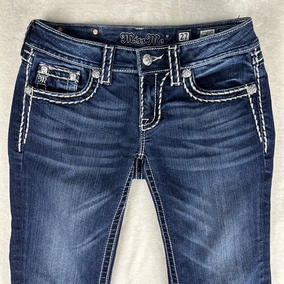 Miss Me Jeans Womens 27 Signature Cuffed Capri Embroidered Thick Stitch Bling - Picture 2 of 14